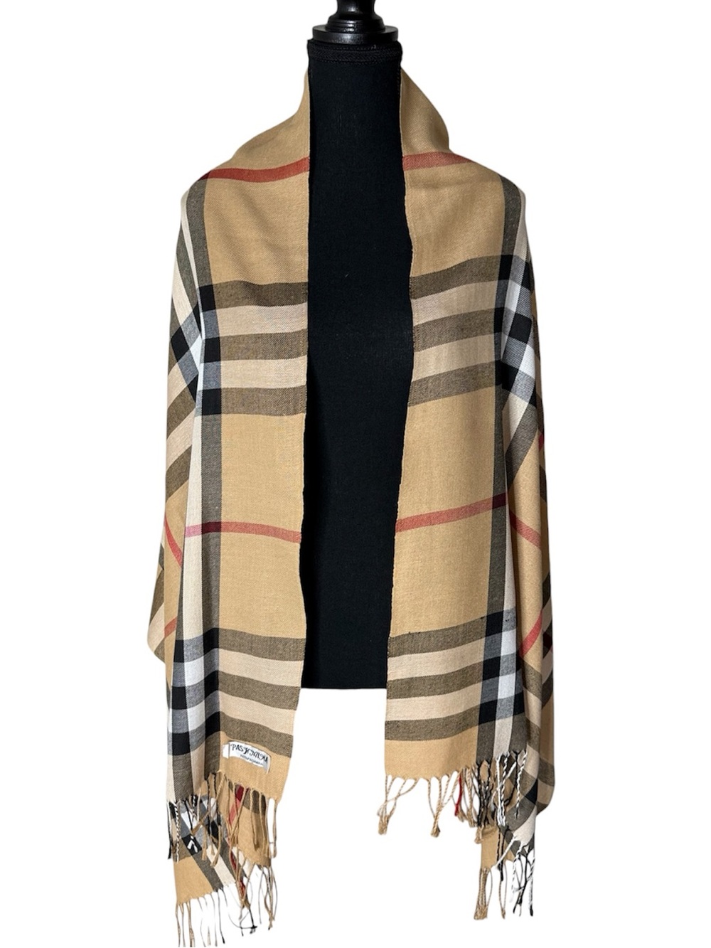 PASHMINA Wool Tan Plaid Scarf Wrap Shawl Burberry Pattern *Flaw - Picture 2 of 11